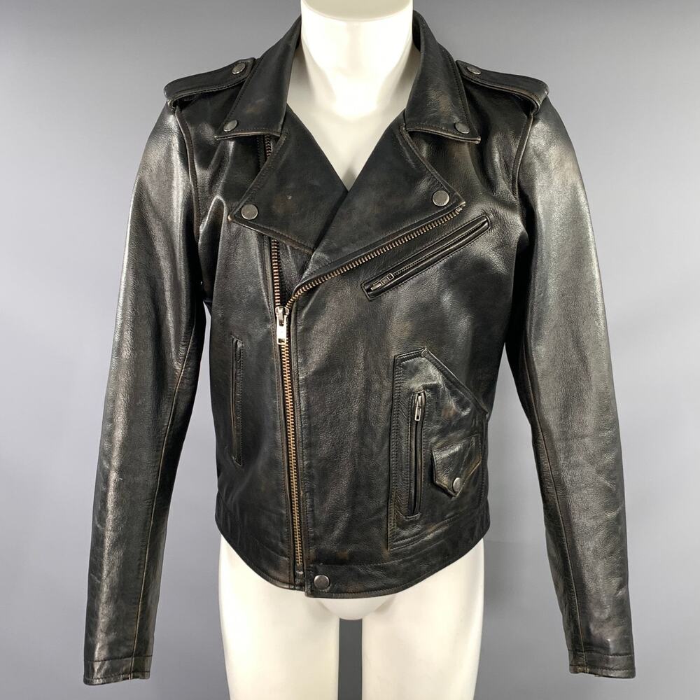 FRYE Size M Black Brown Distressed Leather Moto Jacket